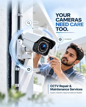 A technician repairing a security CCTV camera mounted on a wall