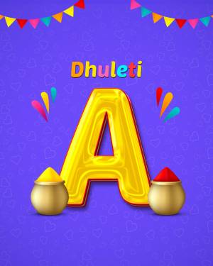 Golden letter A with Holi colors and decorations