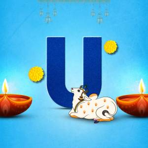 Letter U with a cow and Diwali lamps
