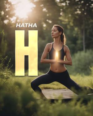 Woman practicing Hatha yoga in a lush green field with a large 'H' in the foreground.
