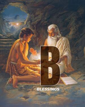 A painting depicting a guru blessing a disciple with a glowing light.