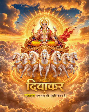 Lord Surya riding a golden chariot pulled by seven white horses against a sunset sky