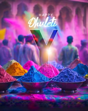 Colorful powder piles and people celebrating Dhulandi, the festival of colors.