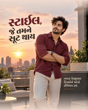 A stylish man posing on a rooftop at sunset, advertising premium casual wear with Gujarati text.