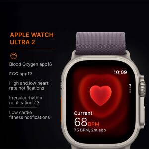 Close-up of Apple Watch Ultra 2 displaying heart rate and health app information.