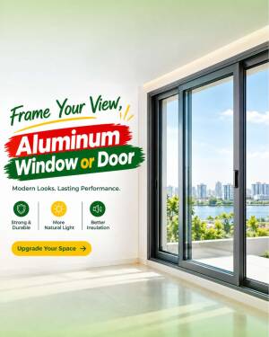 Modern aluminum sliding door with a view of a city skyline and water