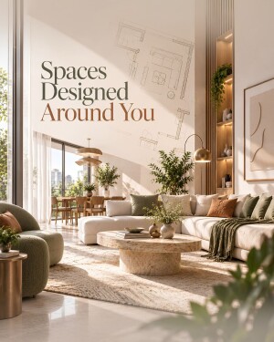 Luxurious modern apartment interior featuring soft lighting, earthy tones, and a schematic architectural floor plan