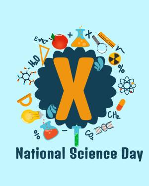 Illustration for National Science Day featuring science symbols and a large letter X