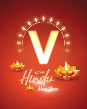 Letter V with Diwali-style lighting and 'Happy Hindu New Year' text