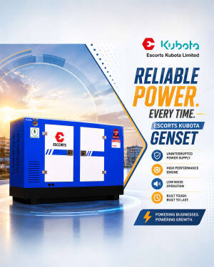 A bright blue industrial power generator from Escorts Kubota featuring bold typography and product benefits