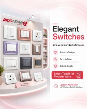 A display board featuring various modern electrical switches from IndoAsian brand