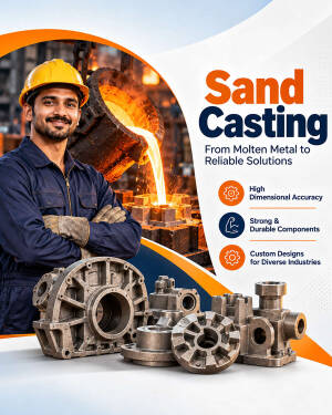 A foundry worker standing next to molten metal pouring process with sand casted metal parts in foreground