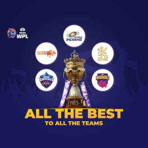 WPL trophy surrounded by logos of all participating teams with the text 'All the Best to All the Teams'