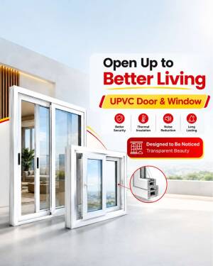 A promotional advertisement for white uPVC sliding doors and windows with an outdoor background.