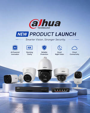 A display of various Dahua security cameras and network equipment on a branded podium against a blue sky background.