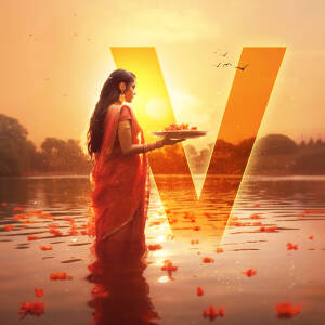 Woman in traditional Indian attire offering fruits with a large 'V' in the background