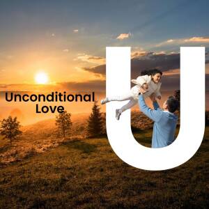 Father lifting daughter in the air against a sunset backdrop with a large letter 'U'