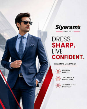 A confident man wearing a navy blue checkered suit and sunglasses advertising Siyaram's menswear.