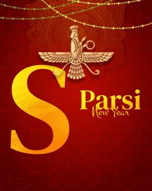 Golden Faravahar symbol with the letter 'S' and 'Parsi New Year' text on a red background