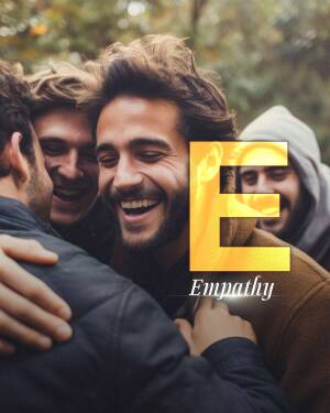 Group of young men embracing and laughing with the word 'Empathy' overlaid.