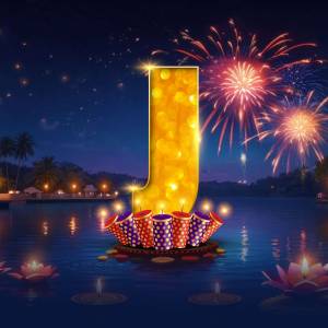 A glowing letter 'J' with fireworks and Diwali decorations over water.
