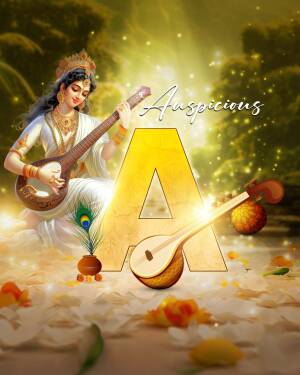 Goddess Saraswati playing the veena with a large letter A