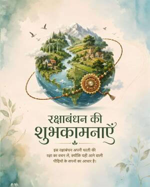 A beautiful artistic illustration of the Earth with a traditional Rakhi tied around it, symbolizing Raksha Bandhan and environmental protection.