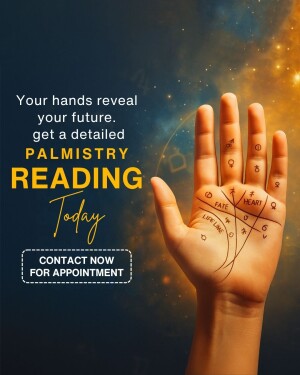 Image of a palm with astrological symbols and text promoting a palmistry reading.