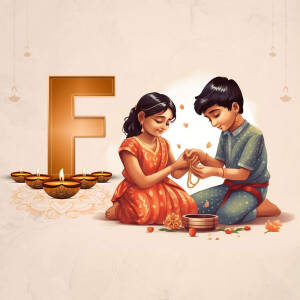 Illustration of a brother tying a Rakhi on his sister's wrist with a large letter 'F' in the background.