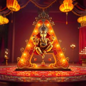 Golden statue of Lord Ganesha seated within a glowing 'Aum' symbol, surrounded by festive decorations.