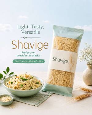 A product advertisement for Shavige vermicelli featuring a bowl of cooked noodles and a package of dry vermicelli