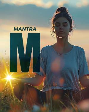 Woman meditating in a field with the letter 'M' superimposed