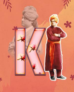 Portrait of Swami Vivekananda with the letter 'K' and floral elements