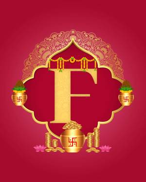 Golden letter F with Indian decorative elements and auspicious symbols