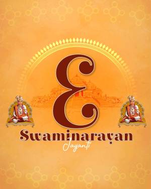Swaminarayan Jayanti celebration image with a large 'E' symbol and depictions of Swaminarayan