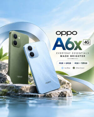 Oppo A6x 4G smartphone in Olive Green and Ice Blue colors displayed on a scenic rock and water background