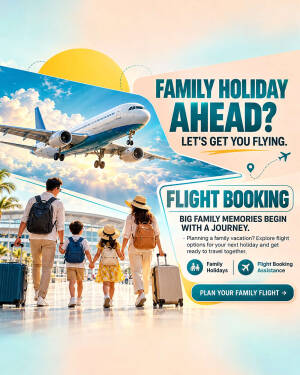 A family of four walking with luggage at an airport with a commercial airplane flying above in a bright sky.