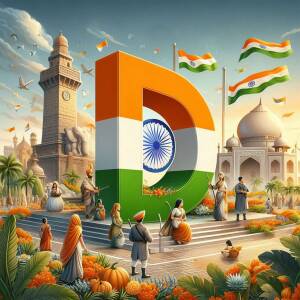 A vibrant illustration depicting the letter 'D' adorned with the Indian flag colors, set against a backdrop of iconic Indian landmarks and people.