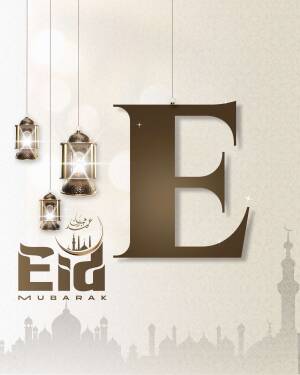 Eid Mubarak greeting card with a large letter 'E' and mosque silhouette