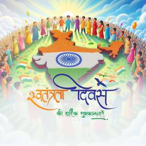 Illustration of people forming a circle around a map of India decorated with flowers and the Indian flag, with text in Hindi wishing a happy Independence Day.