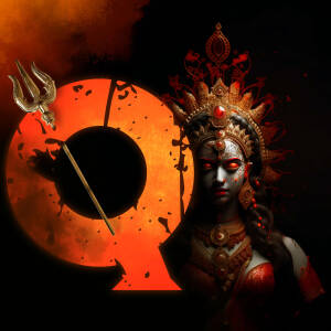 Digital art depicting Goddess Durga with a prominent 'Q' symbol
