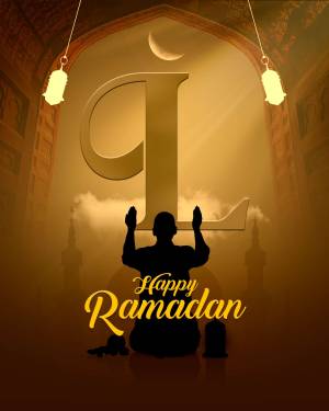 Ramadan greeting with a silhouette of a person praying and a crescent moon