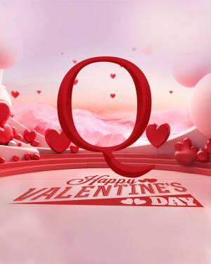3D rendering of the letter Q with hearts and Valentine's Day decorations