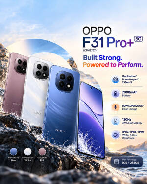 Oppo F31 Pro+ 5G smartphones in multiple colors showcasing display and durability features