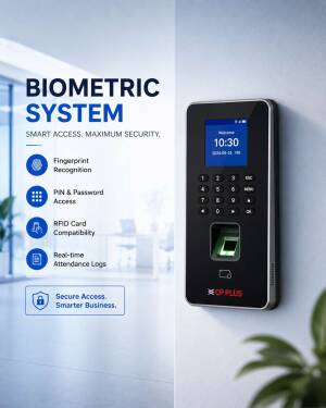 CP PLUS biometric access control system mounted on an office wall featuring fingerprint, PIN, and RFID capabilities.