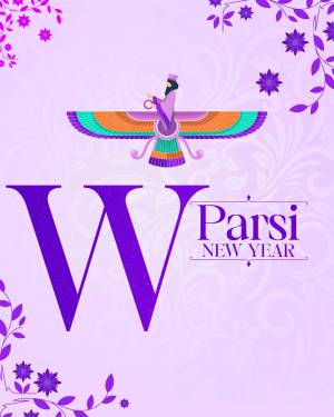 Illustration of a Faravahar symbol with the text 'Parsi New Year' and a large letter 'W'.