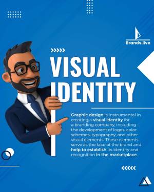 Cartoon man pointing to the text 'Visual Identity' with a blue background.