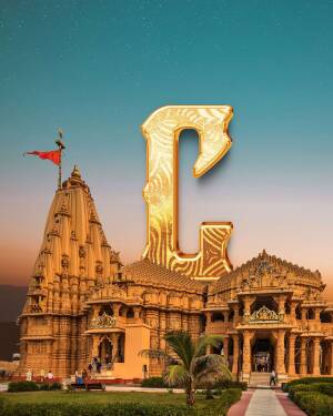 Golden letter 'C' superimposed on a view of the Somnath Temple in Gujarat, India.