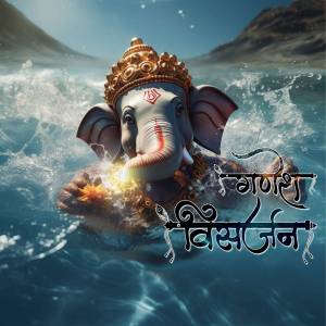 Digital art of Lord Ganesha rising from ocean waves with text 'Ganpati Visarjan'