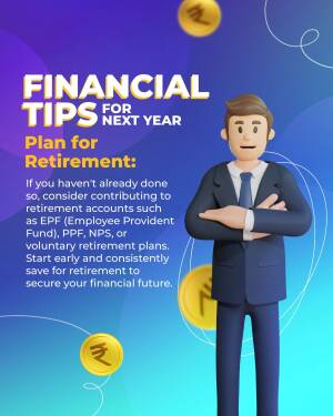 Illustration of a man in a suit with coins and text about financial tips for retirement.